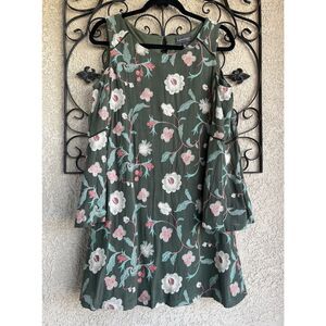 Luxology Floral Embroidered Cold Shoulder Flare Sleeve Dress-size 6- Green/Pink